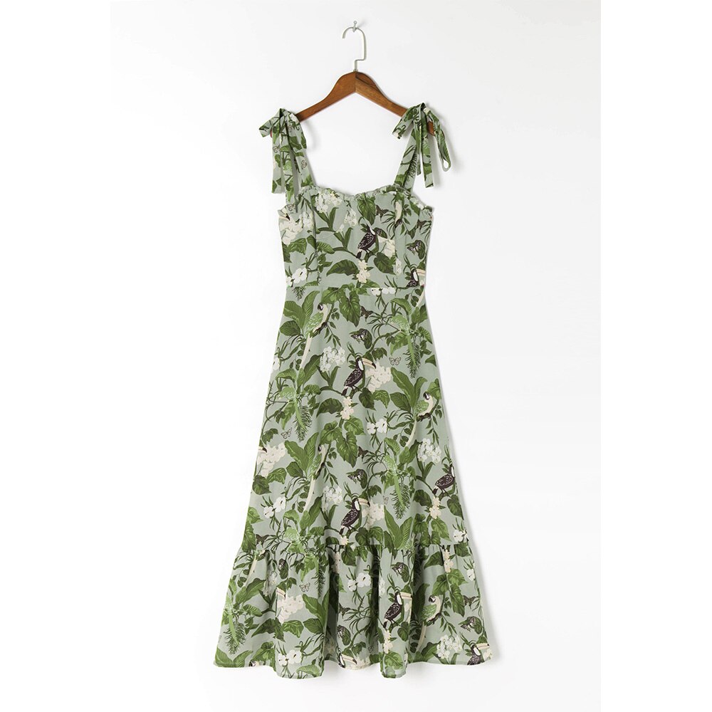 Elegant Ruffle Hem Beach  Dress Sweetheart Neck Tie Strap Midi Dress Mssaz Desses
