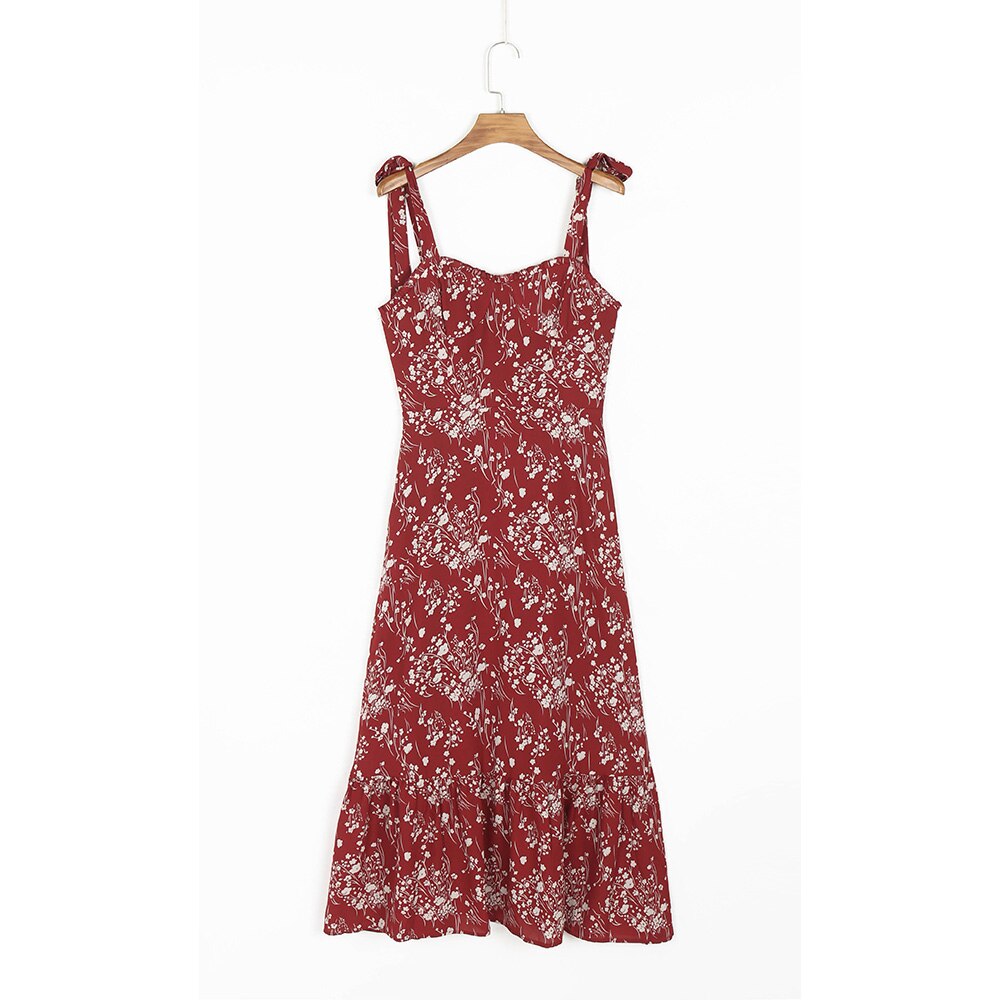 Elegant Ruffle Hem Beach  Dress Sweetheart Neck Tie Strap Midi Dress Mssaz Desses