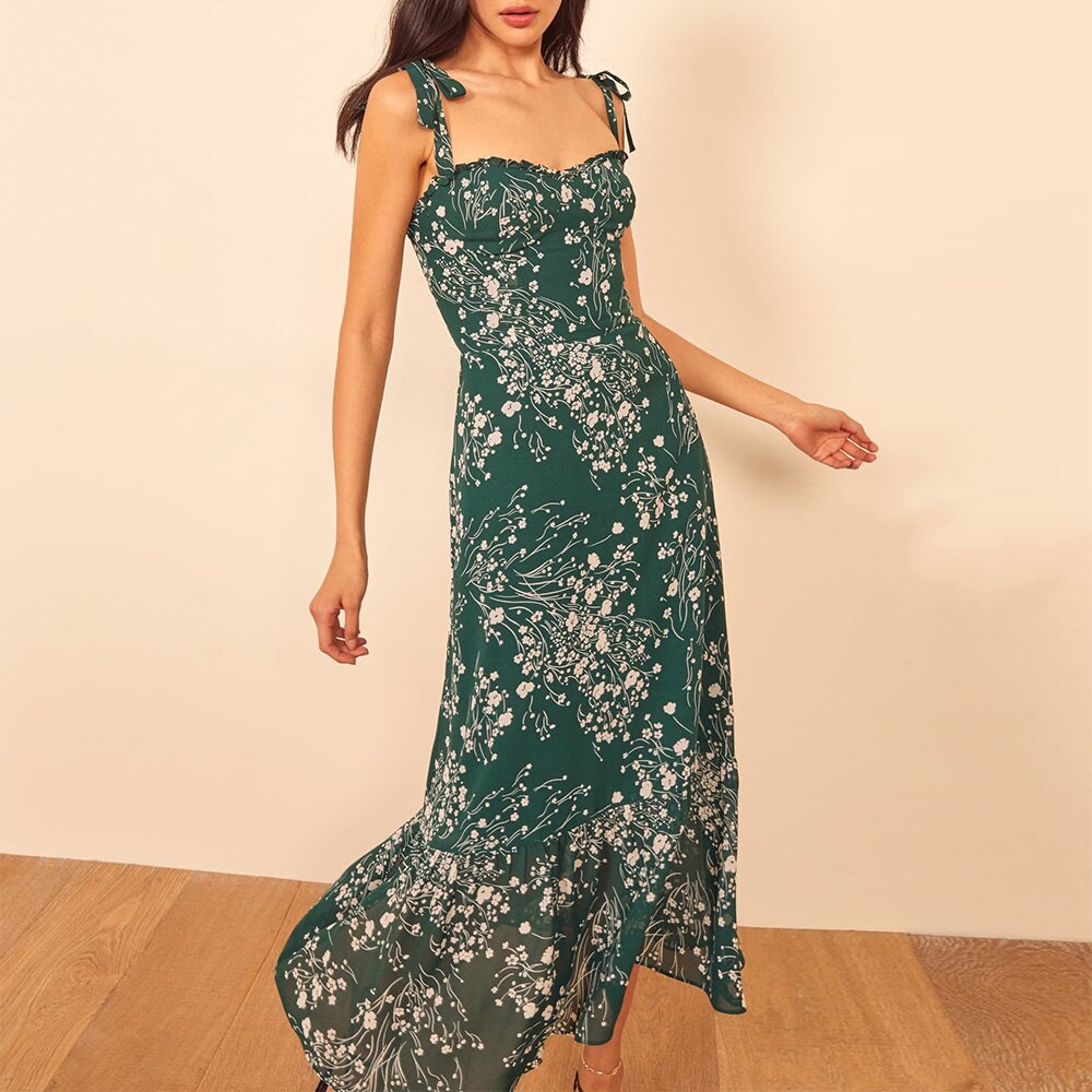 Elegant Ruffle Hem Beach  Dress Sweetheart Neck Tie Strap Midi Dress Mssaz Desses