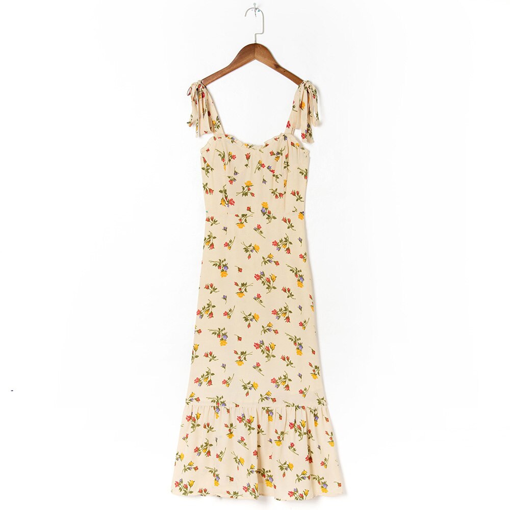 Elegant Ruffle Hem Beach  Dress Sweetheart Neck Tie Strap Midi Dress Mssaz Desses
