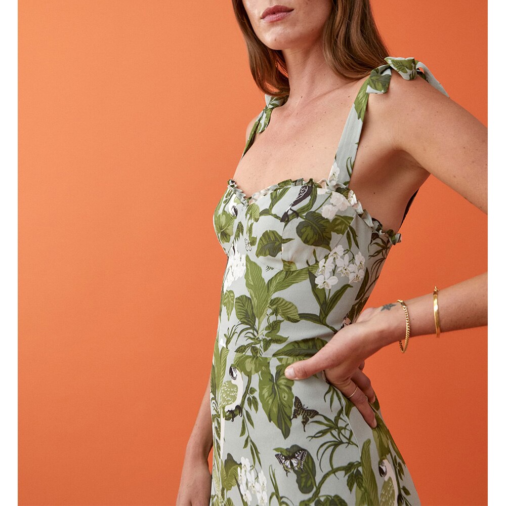 Elegant Ruffle Hem Beach  Dress Sweetheart Neck Tie Strap Midi Dress Mssaz Desses