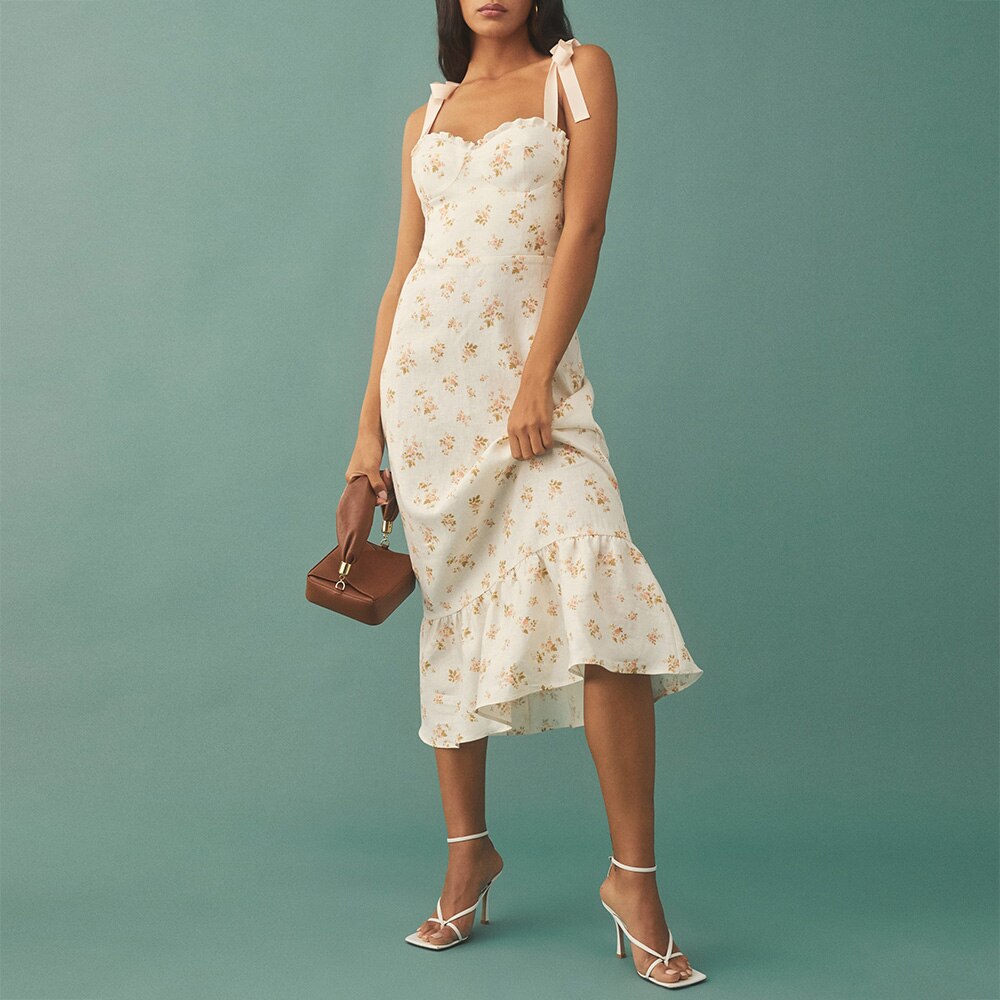 Elegant Ruffle Hem Beach  Dress Sweetheart Neck Tie Strap Midi Dress Mssaz Desses