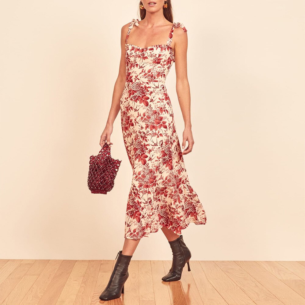 Elegant Ruffle Hem Beach  Dress Sweetheart Neck Tie Strap Midi Dress Mssaz Desses