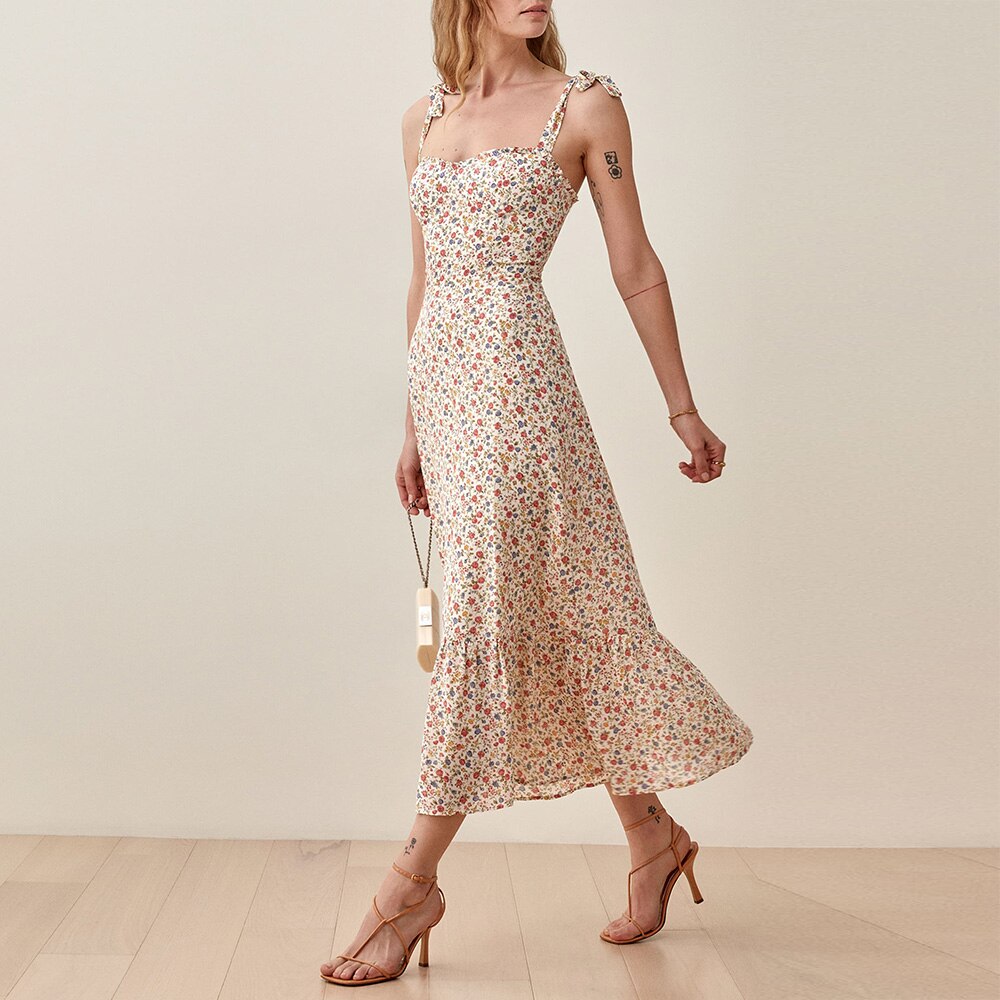Elegant Ruffle Hem Beach  Dress Sweetheart Neck Tie Strap Midi Dress Mssaz Desses