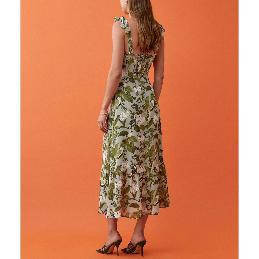 Elegant Ruffle Hem Beach  Dress Sweetheart Neck Tie Strap Midi Dress Mssaz Desses