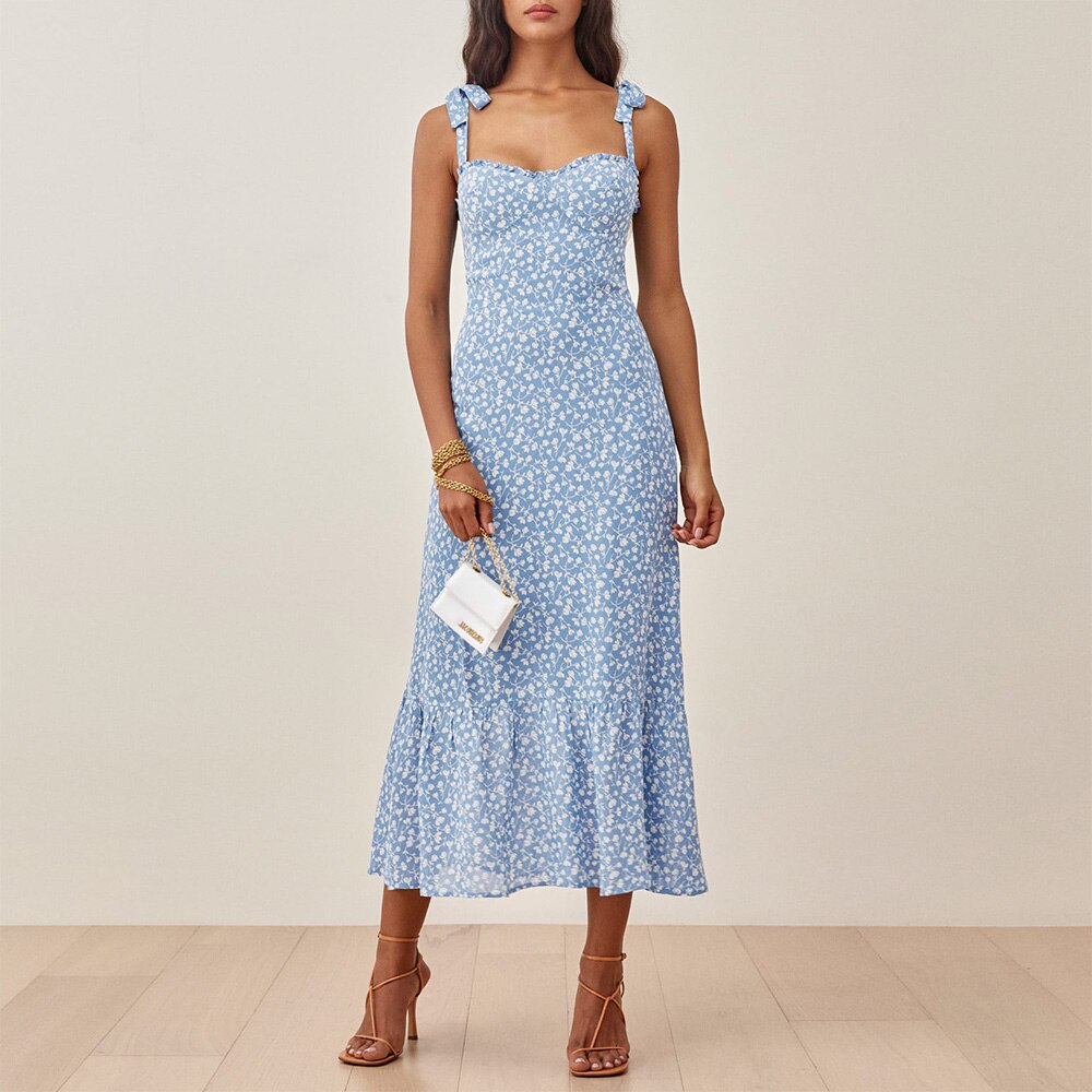 Elegant Ruffle Hem Beach  Dress Sweetheart Neck Tie Strap Midi Dress Mssaz Desses