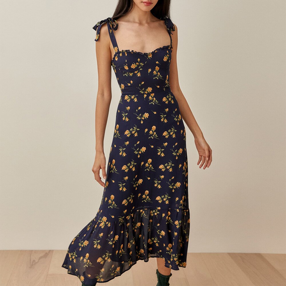 Elegant Ruffle Hem Beach  Dress Sweetheart Neck Tie Strap Midi Dress Mssaz Desses