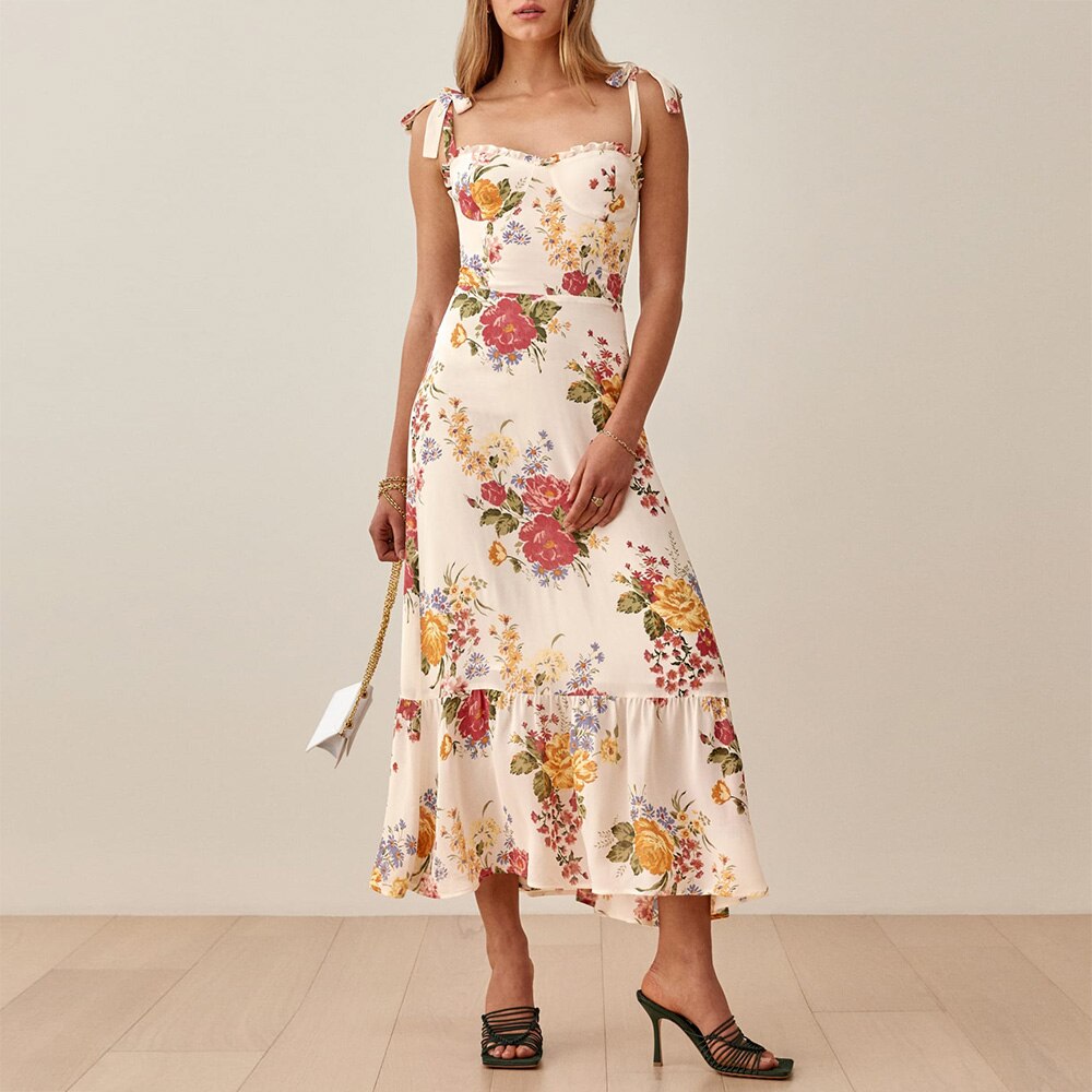 Elegant Ruffle Hem Beach  Dress Sweetheart Neck Tie Strap Midi Dress Mssaz Desses