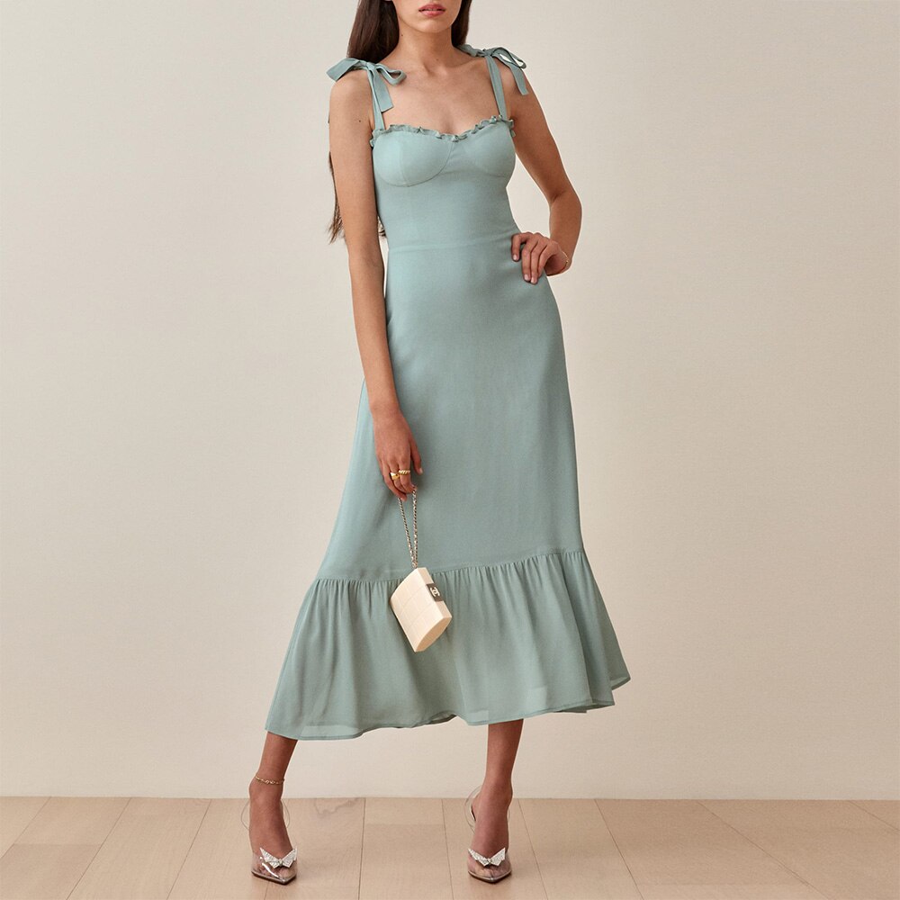 Elegant Ruffle Hem Beach  Dress Sweetheart Neck Tie Strap Midi Dress Mssaz Desses