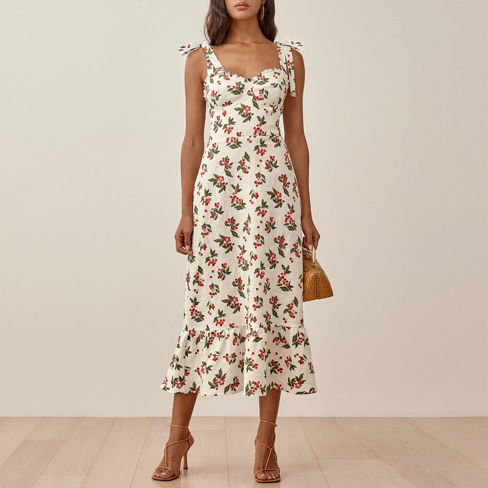 Elegant Ruffle Hem Beach  Dress Sweetheart Neck Tie Strap Midi Dress Mssaz Desses