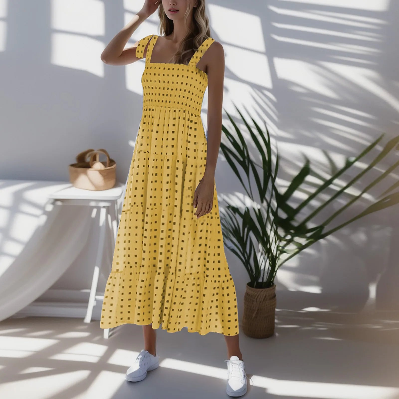 Dot Square Neck Pleated Long Holiday Beach Casual Boho Dress Mssaz Desses