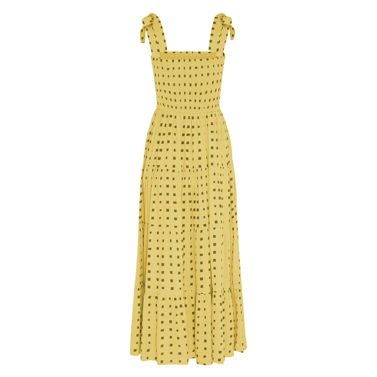 Dot Square Neck Pleated Long Holiday Beach Casual Boho Dress Mssaz Desses