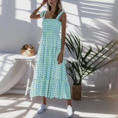 Dot Square Neck Pleated Long Holiday Beach Casual Boho Dress Mssaz Desses