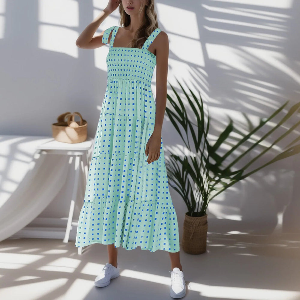 Dot Square Neck Pleated Long Holiday Beach Casual Boho Dress Mssaz Desses