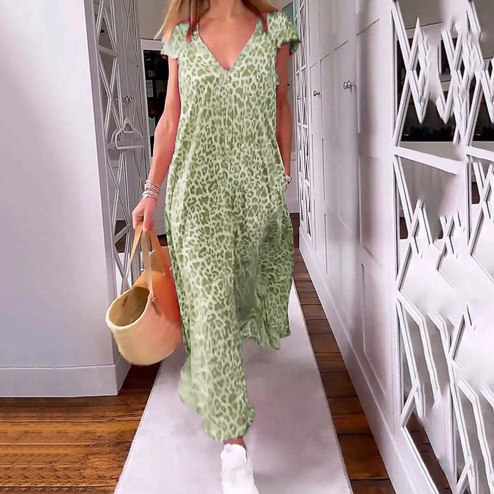 Boho Floral V Neck Short Sleeve Flowy Swing A Line Long Boho Dress Mssaz Desses