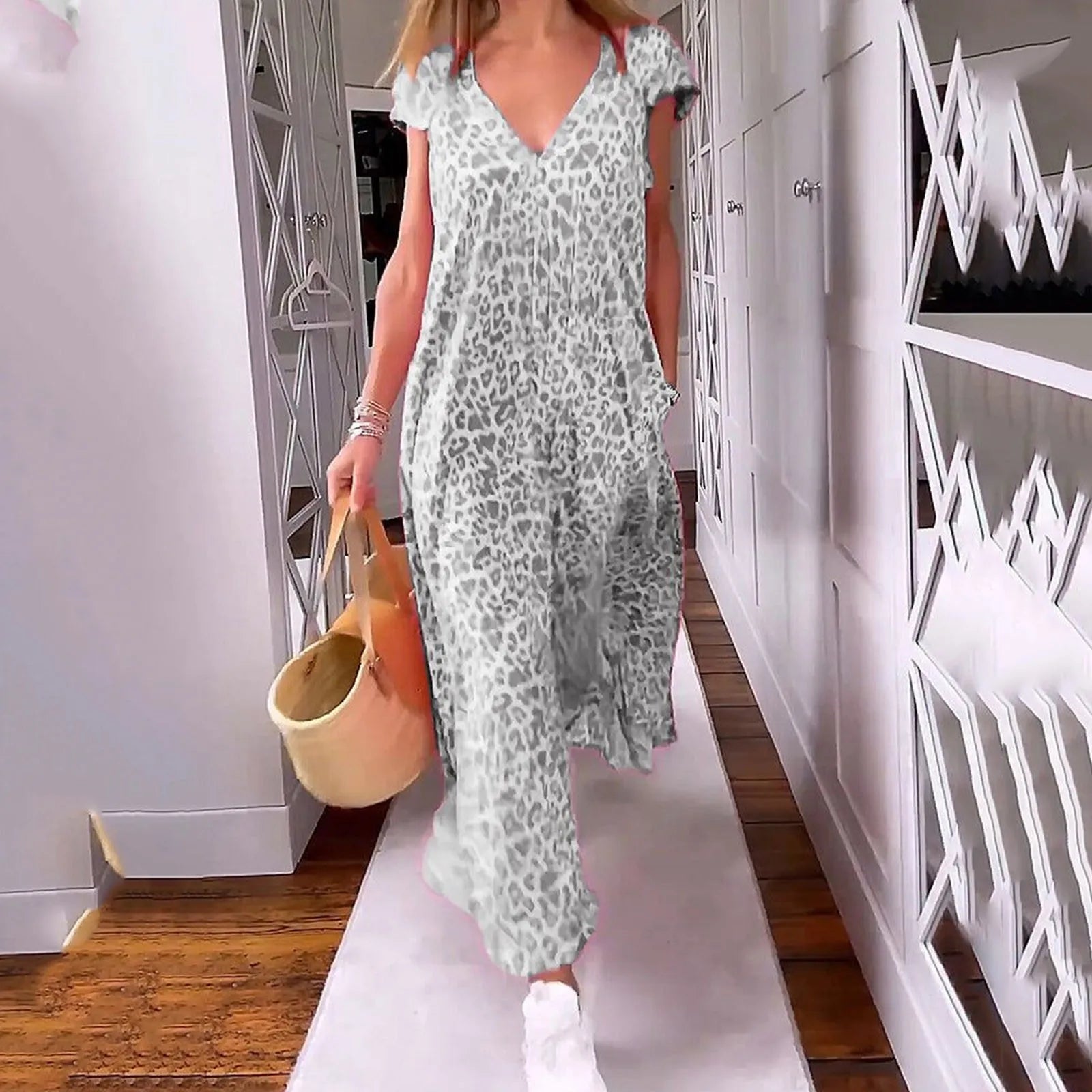 Boho Floral V Neck Short Sleeve Flowy Swing A Line Long Boho Dress Mssaz Desses
