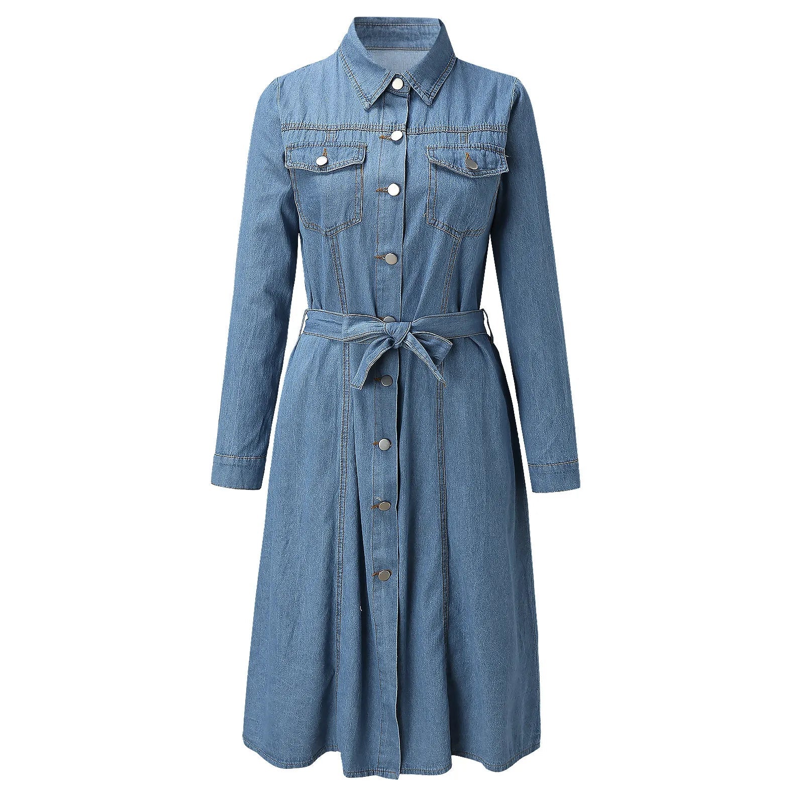 On Offer Liquidation   Sleeve Slim Denim Retro American Casual Ropa De Mujer Midi Dress Mssaz Desses