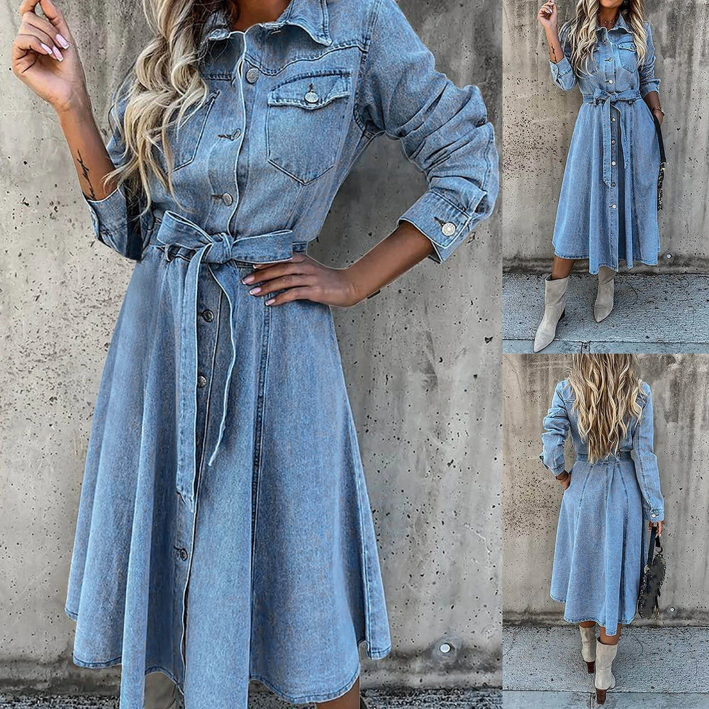 On Offer Liquidation   Sleeve Slim Denim Retro American Casual Ropa De Mujer Midi Dress Mssaz Desses