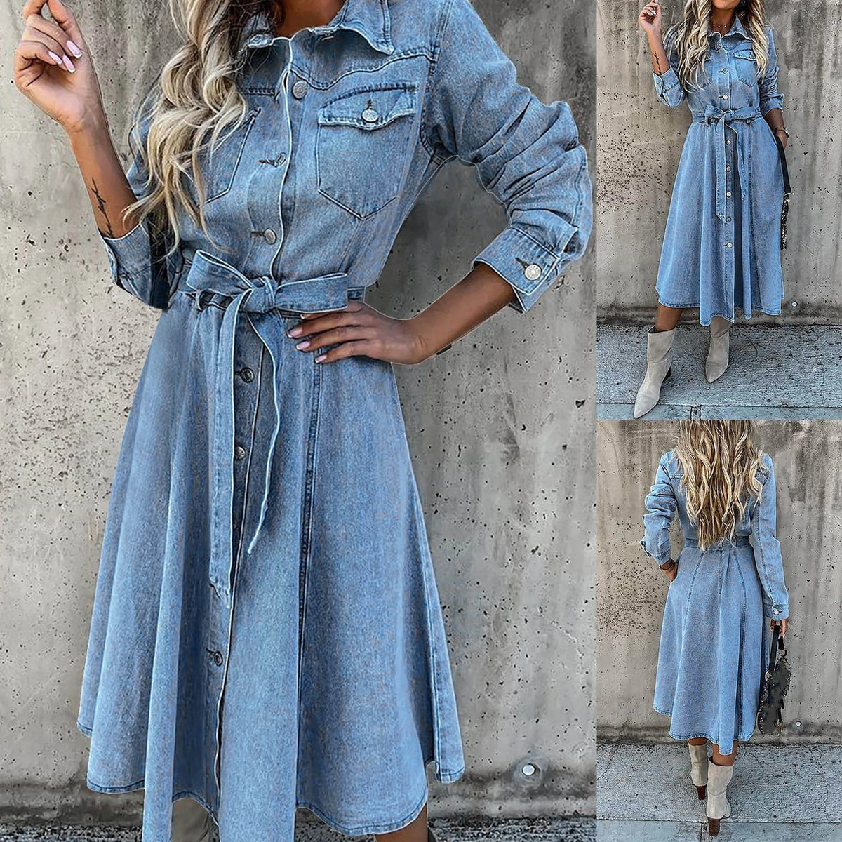 On Offer Liquidation   Sleeve Slim Denim Retro American Casual Ropa De Mujer Midi Dress Mssaz Desses