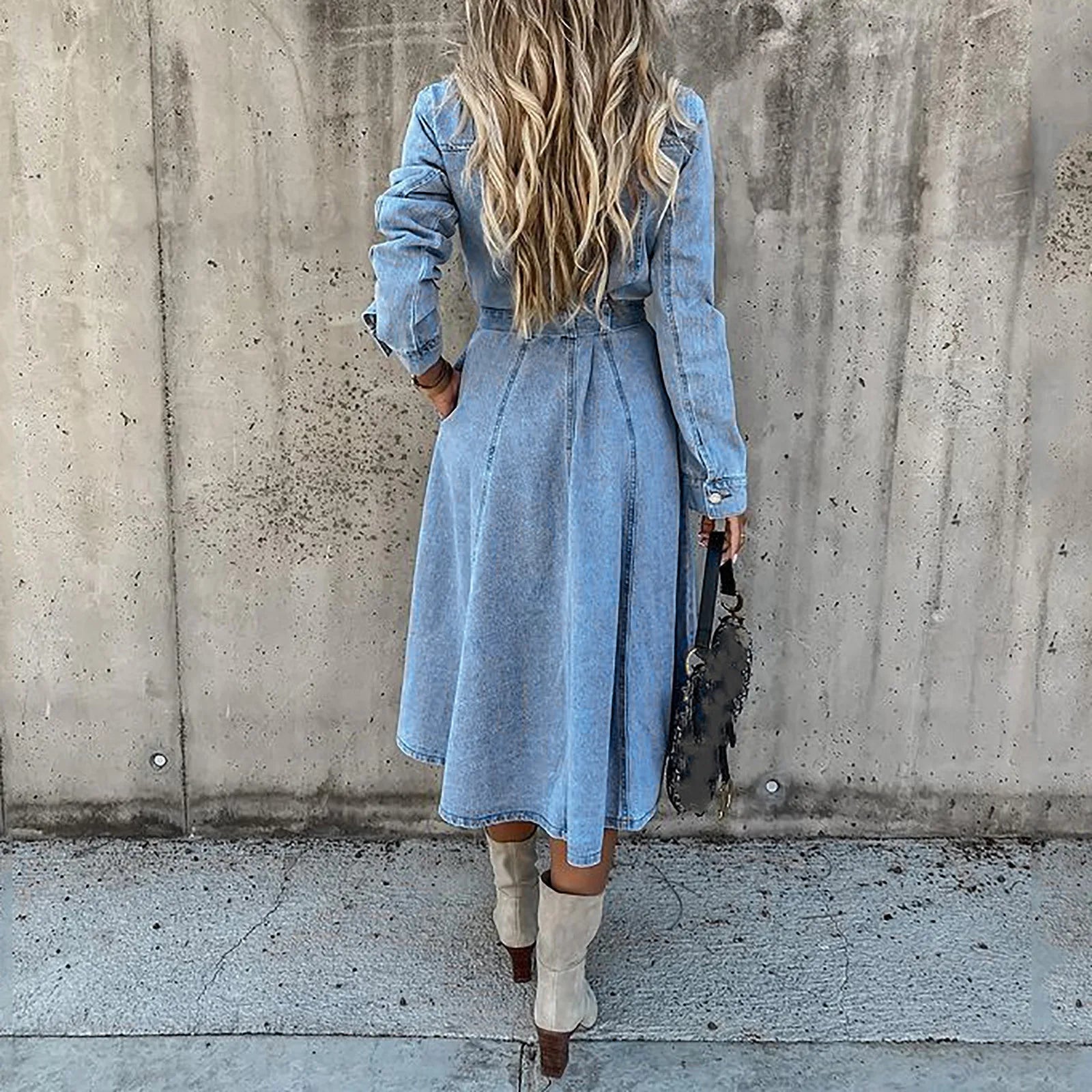 On Offer Liquidation   Sleeve Slim Denim Retro American Casual Ropa De Mujer Midi Dress Mssaz Desses