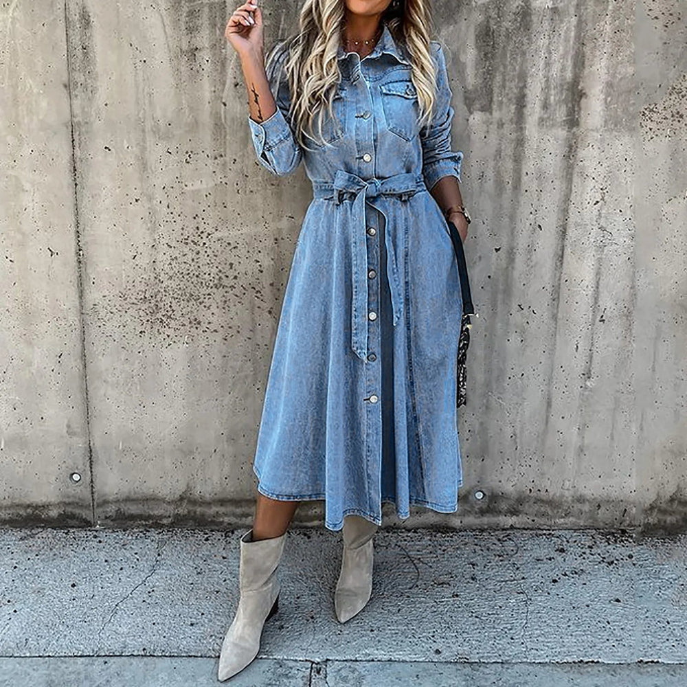 On Offer Liquidation   Sleeve Slim Denim Retro American Casual Ropa De Mujer Midi Dress Mssaz Desses