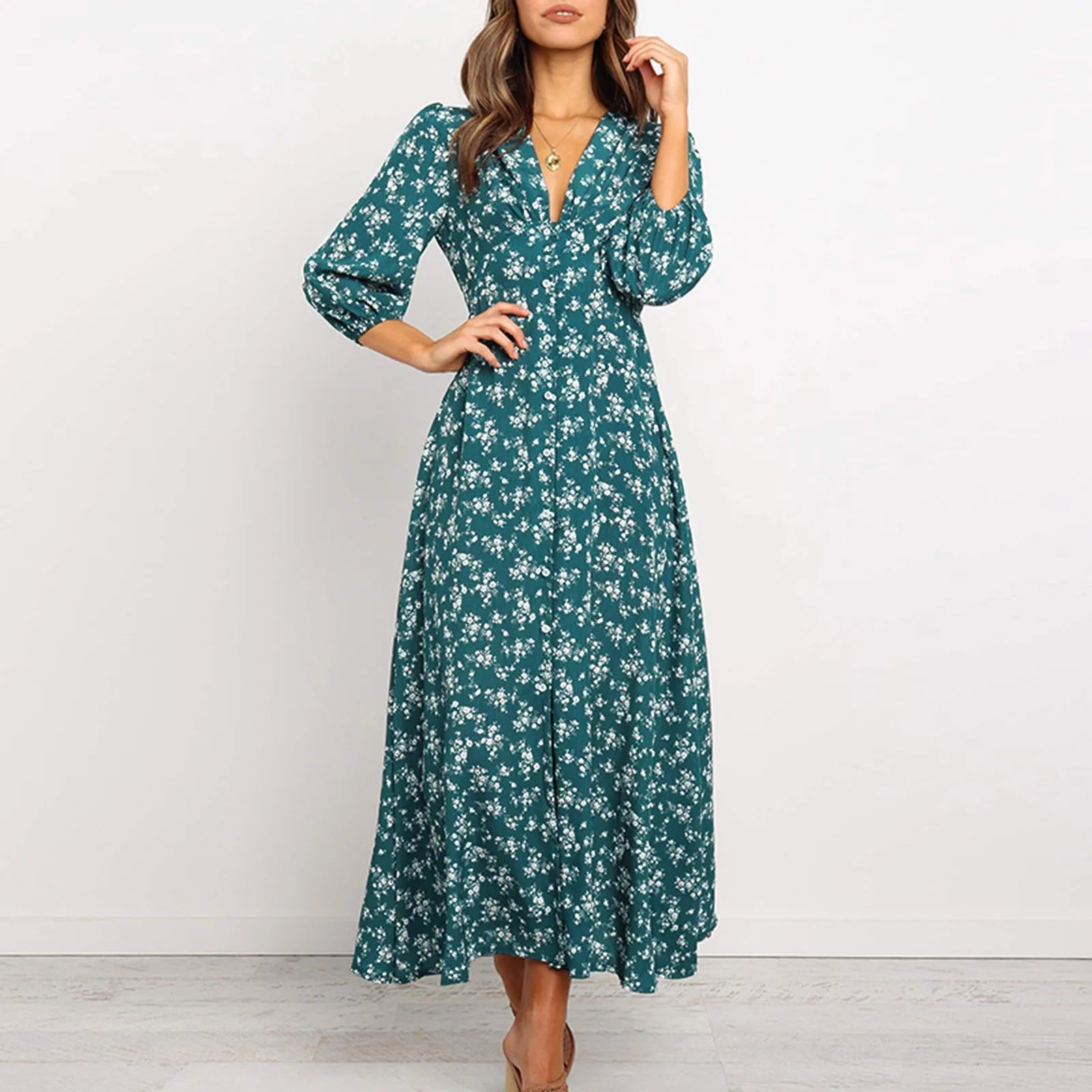 Offer Liquidation V-Neck Long Sleeved High Waisted Chiffon Print Holiday Boho Dress Mssaz Desses