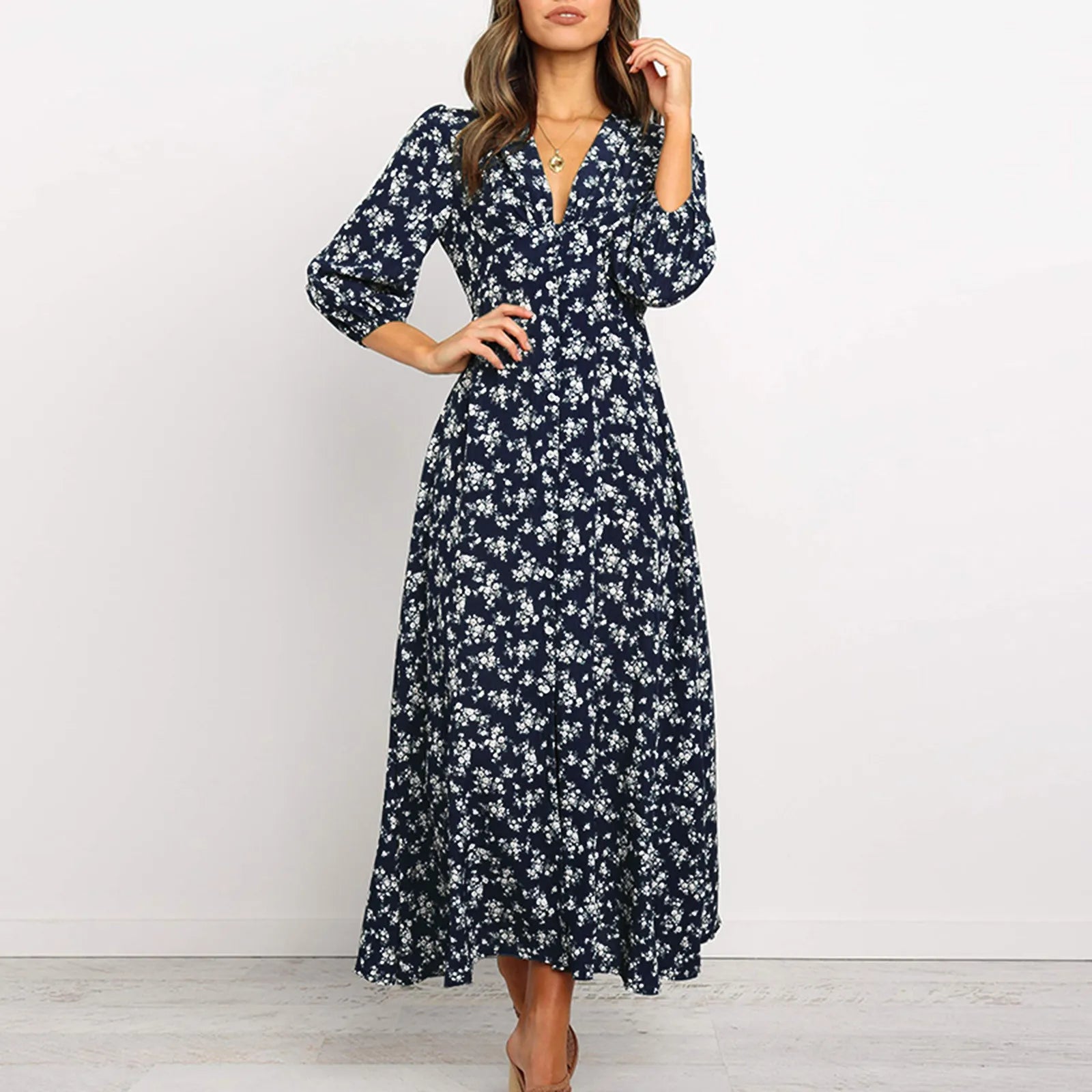 Offer Liquidation V-Neck Long Sleeved High Waisted Chiffon Print Holiday Boho Dress Mssaz Desses