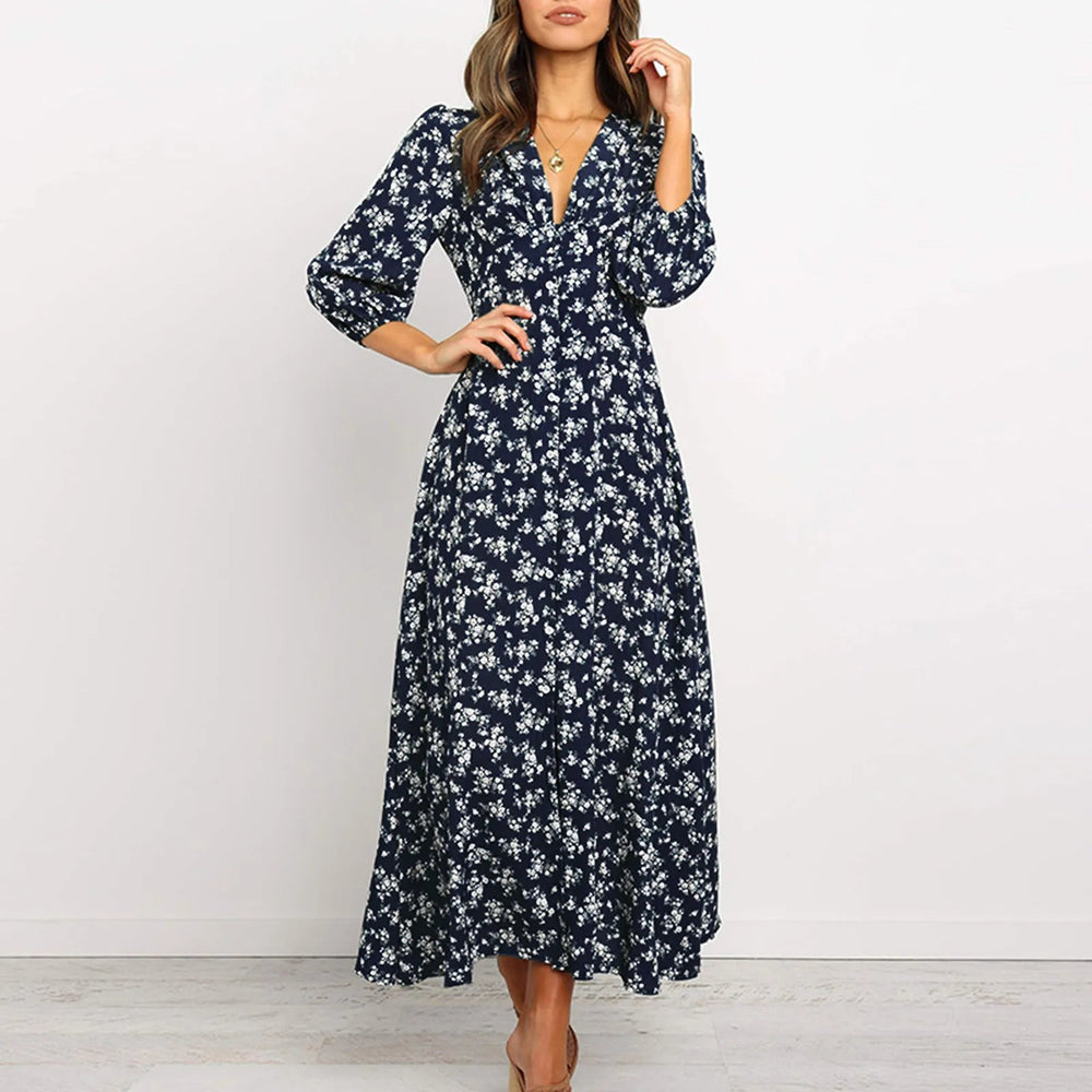 Offer Liquidation V-Neck Long Sleeved High Waisted Chiffon Print Holiday Boho Dress Mssaz Desses