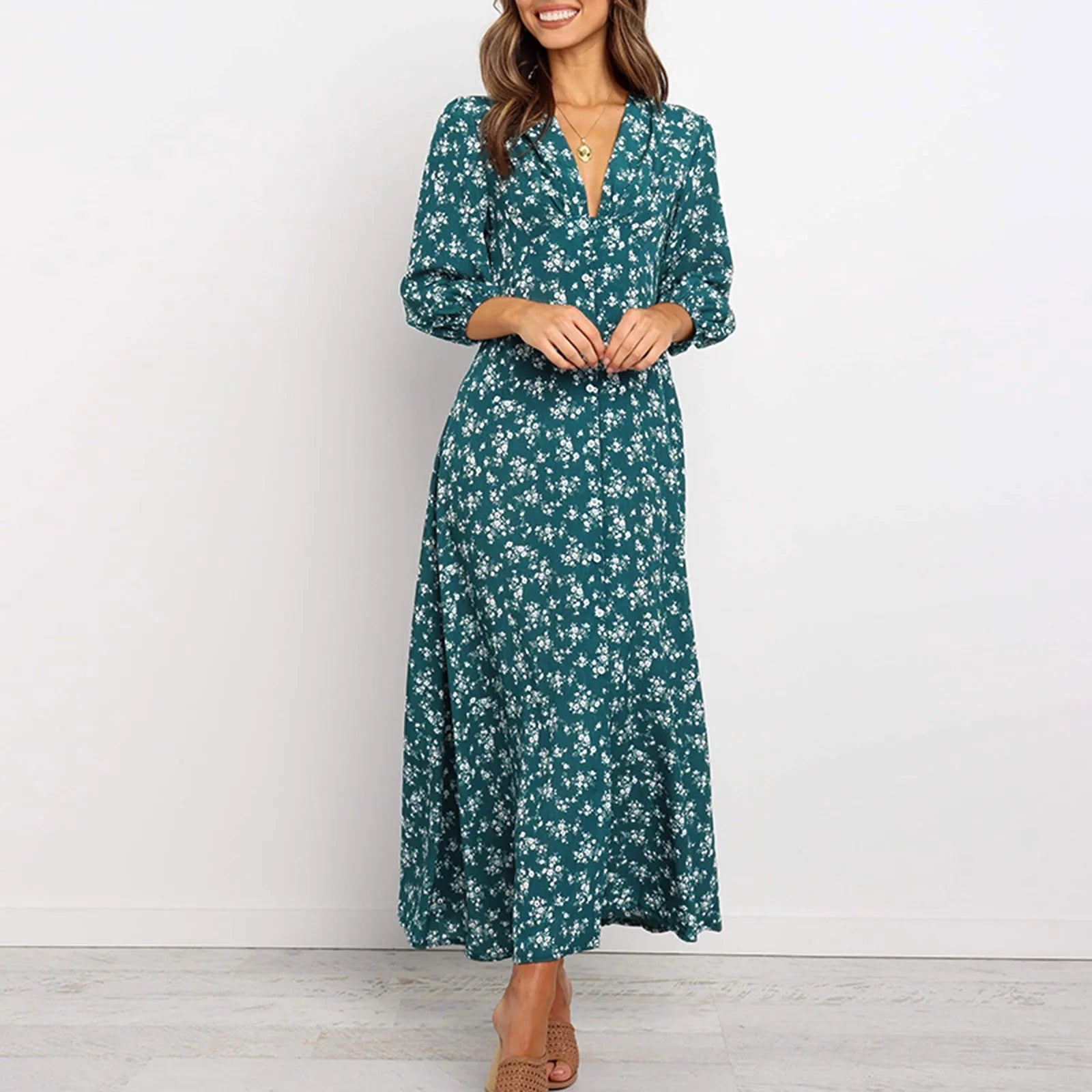 Offer Liquidation V-Neck Long Sleeved High Waisted Chiffon Print Holiday Boho Dress Mssaz Desses