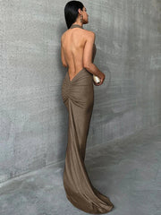 Glitter Halter V Neck Backless Party Evening Birthday Elegant Prom Maxi Dress Women Mssaz Desses