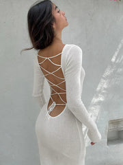 Lace Up Backless Long Sleeve Party Elegant Clothes Birthday Outfit Fall Autumn Maxi Dress Women Mssaz Desses