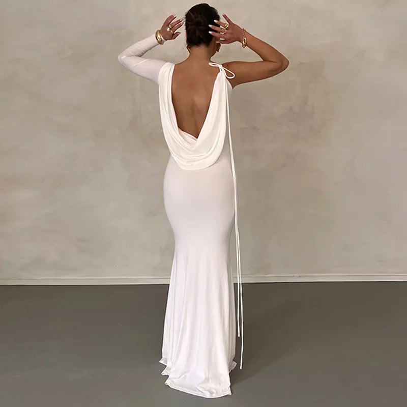 Lace Up Long Sleeve One Shoulder Party Outfits Birthday Evening   Maxi Dress For Women Mssaz Desses