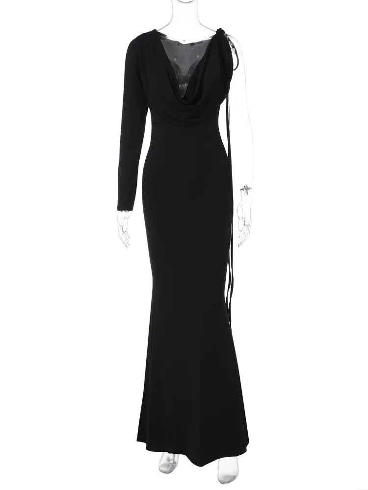 Lace Up Long Sleeve One Shoulder Party Outfits Birthday Evening   Maxi Dress For Women Mssaz Desses