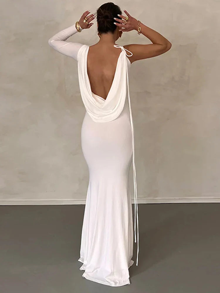 Lace Up Long Sleeve One Shoulder Party Outfits Birthday Evening   Maxi Dress For Women Mssaz Desses