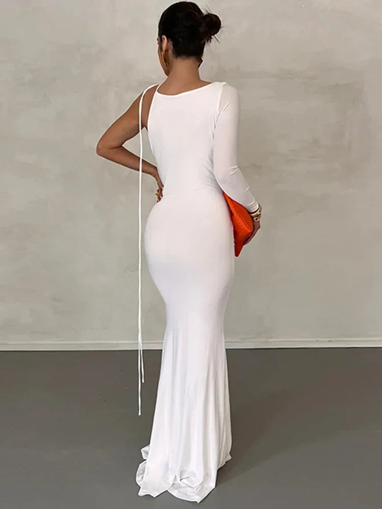 Lace Up Long Sleeve One Shoulder Party Outfits Birthday Evening   Maxi Dress For Women Mssaz Desses