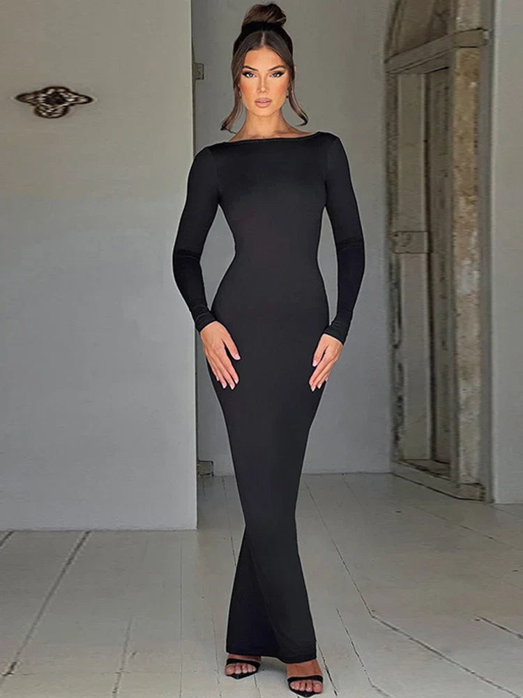Long Sleeve Backless Ruched Party Birthday Evening Outfits  Spring  Maxi Dress Women Mssaz Desses