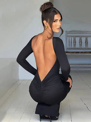 Long Sleeve Backless Ruched Party Birthday Evening Outfits  Spring  Maxi Dress Women Mssaz Desses