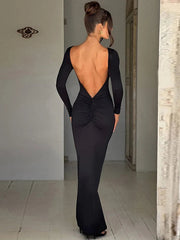 Long Sleeve Backless Ruched Party Birthday Evening Outfits  Spring  Maxi Dress Women Mssaz Desses