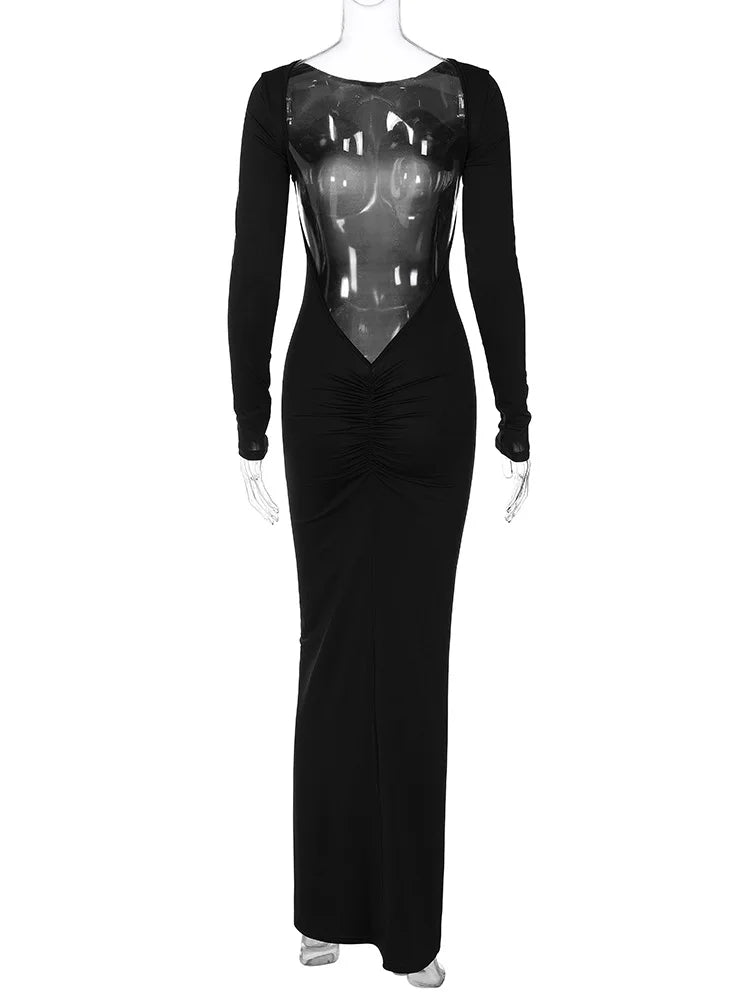 Long Sleeve Backless Ruched Party Birthday Evening Outfits  Spring  Maxi Dress Women Mssaz Desses
