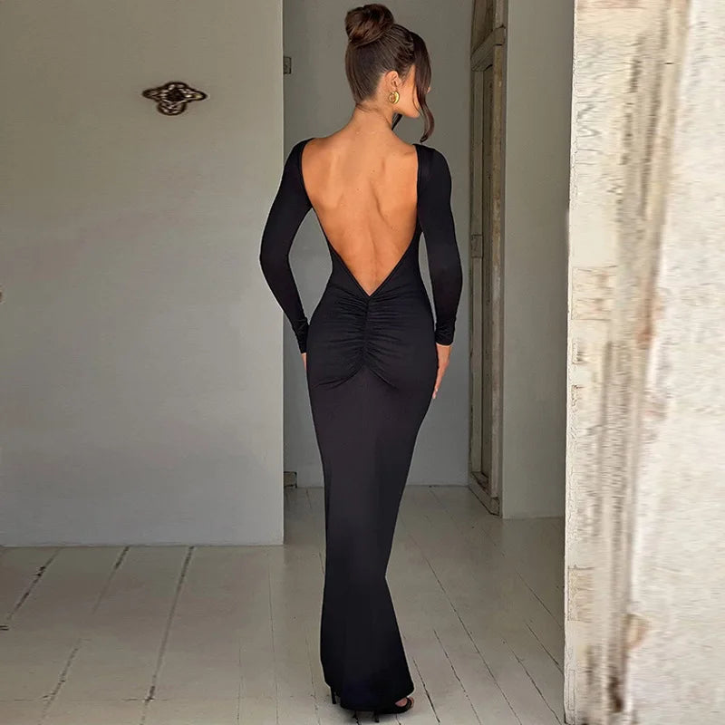 Long Sleeve Backless Ruched Party Birthday Evening Outfits  Spring  Maxi Dress Women Mssaz Desses