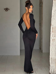 Long Sleeve Backless Ruched Party Birthday Evening Outfits  Spring  Maxi Dress Women Mssaz Desses