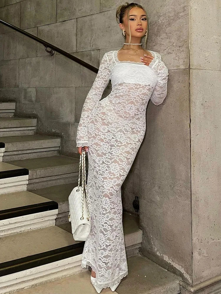 Sleeve See Through Black Sheer Midi Party Club Streetwear Y2K Maxi Dress Women Mssaz Desses