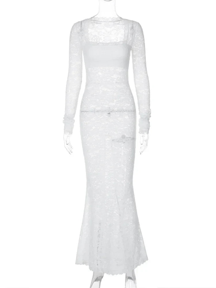 Sleeve See Through Black Sheer Midi Party Club Streetwear Y2K Maxi Dress Women Mssaz Desses