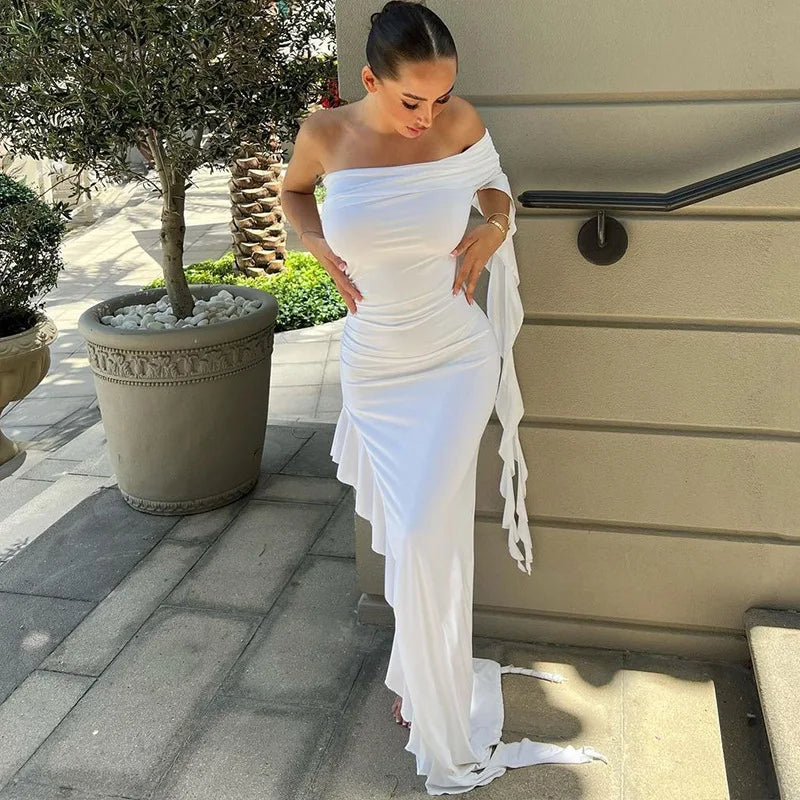 One Shoulder Ruffle Party Evening Birthday Elegant Outfits   Maxi Dress Mssaz Desses