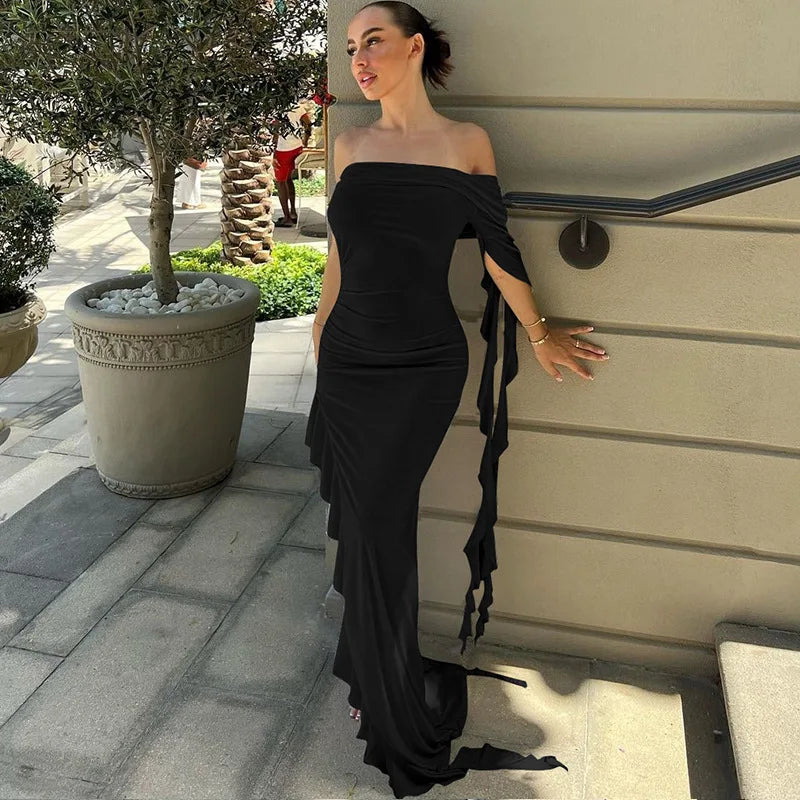 One Shoulder Ruffle Party Evening Birthday Elegant Outfits   Maxi Dress Mssaz Desses