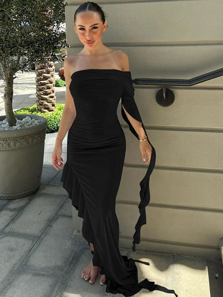 One Shoulder Ruffle Party Evening Birthday Elegant Outfits   Maxi Dress Mssaz Desses
