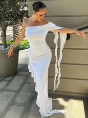 One Shoulder Ruffle Party Evening Birthday Elegant Outfits   Maxi Dress Mssaz Desses