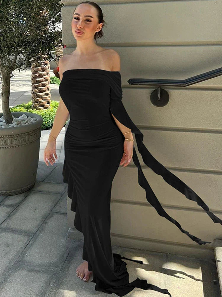 One Shoulder Ruffle Party Evening Birthday Elegant Outfits   Maxi Dress Mssaz Desses