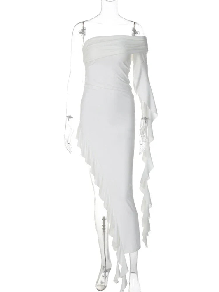 One Shoulder Ruffle Party Evening Birthday Elegant Outfits   Maxi Dress Mssaz Desses