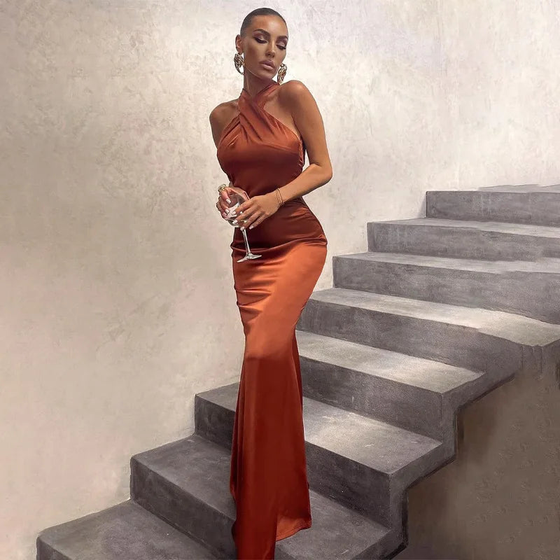 Sleeveless Cross Halter Backless Bodycon  Elegant Party Club Evening  Maxi Dress Women Mssaz Desses